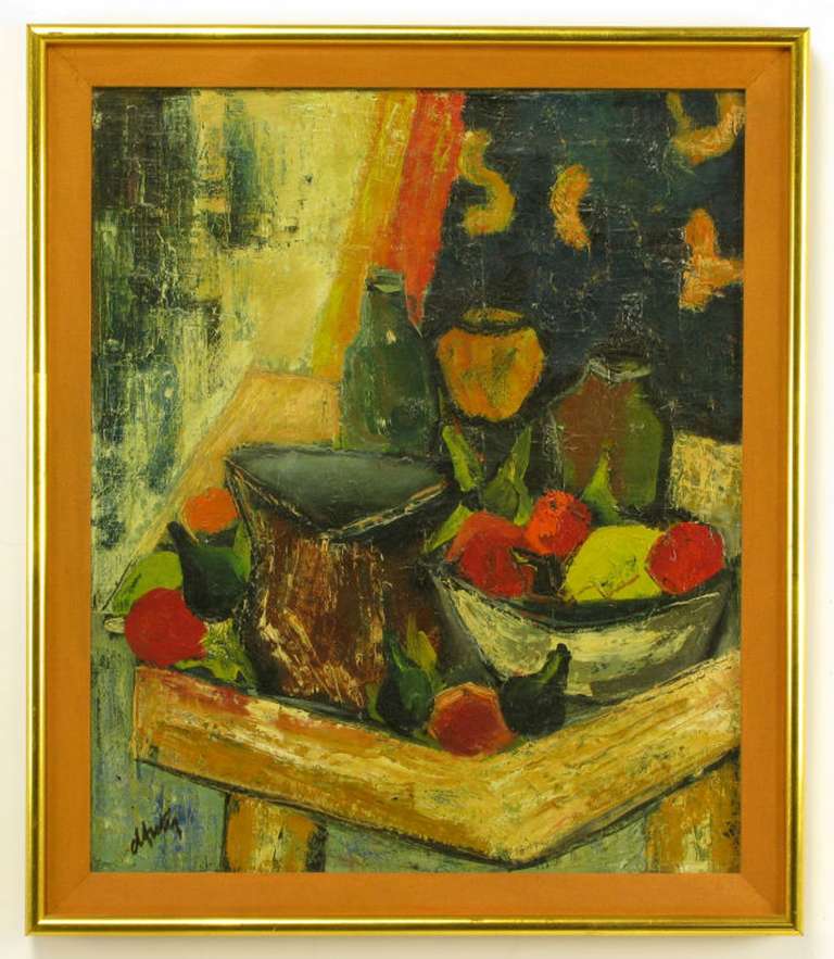 Henri D'Anty 1910-1998, oil painting on canvas, still life of fruit and bottles on a tray table. Brass frame with umber linen liner; framed 24.5