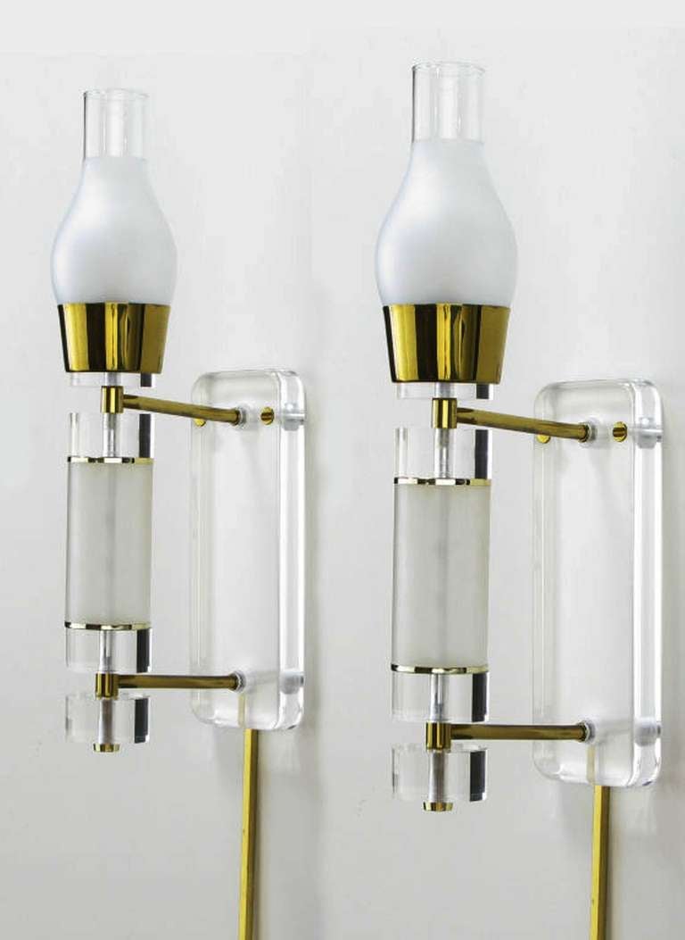 Extraordinary Pair 24" Lucite, Brass & Glass Wall Sconces