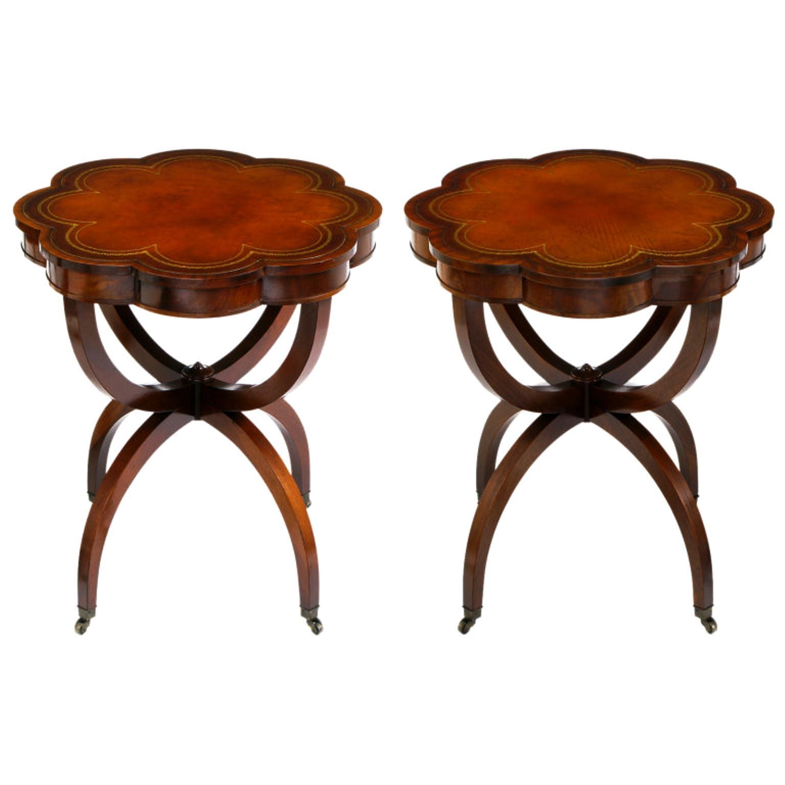 Regency End Tables In Mahogany With Octofoil Tooled Leather Top