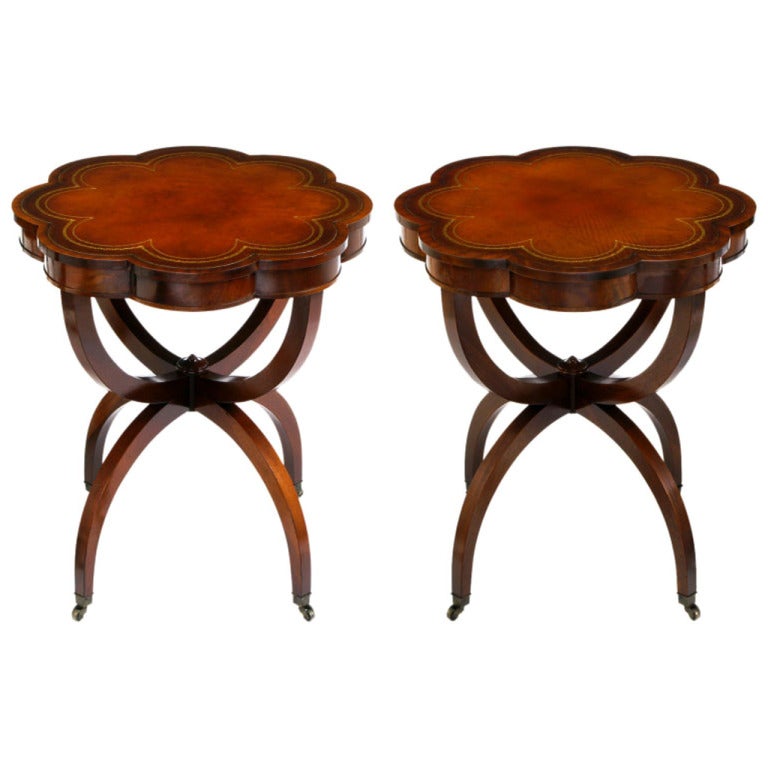 Regency End Tables In Mahogany With Octofoil Tooled Leather Top at 1stDibs