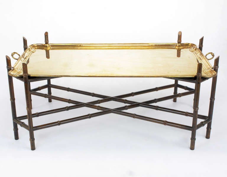 Yale Burge Bamboo-Form, Chinese Chippendale, Brass Tray Coffee Table In Excellent Condition In Chicago, IL
