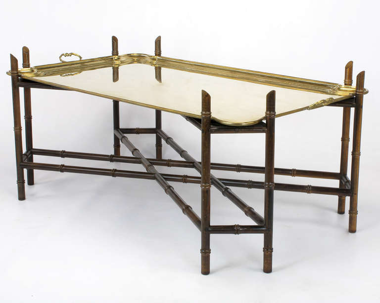 American Yale Burge Bamboo-Form, Chinese Chippendale, Brass Tray Coffee Table