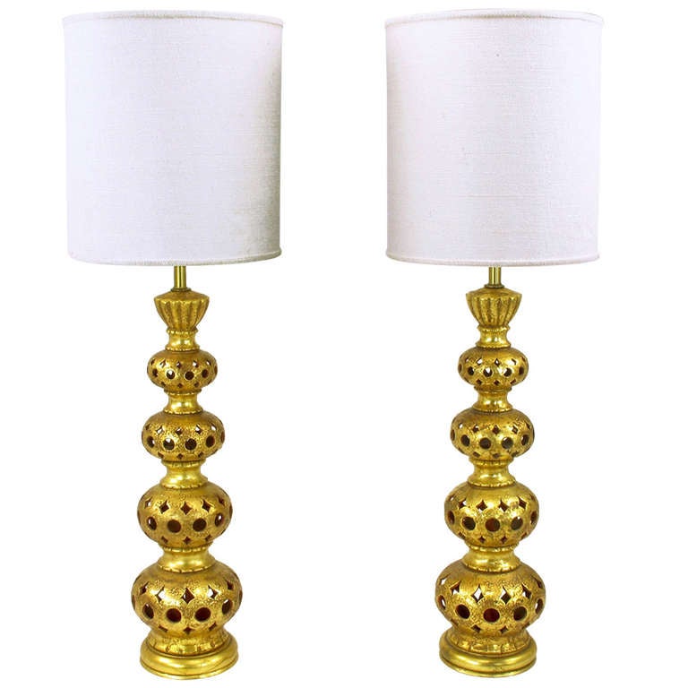 Pair of Nardi Studios Tall Pierced and Gilt Quadruple Gourd Ceramic Table  Lamps For Sale at 1stDibs | pierced ceramic table lamp