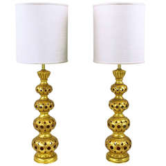 Pair of Nardi Studios Tall Pierced and Gilt Quadruple Gourd Ceramic Table Lamps
