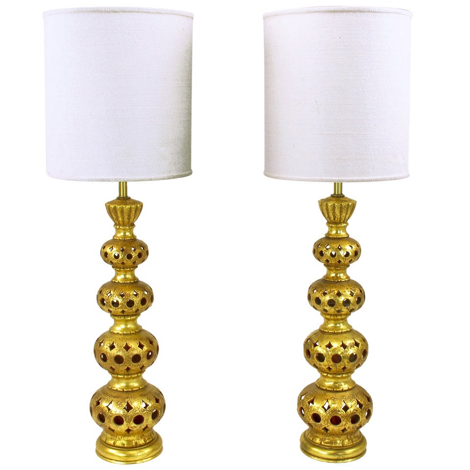 Pair of Nardi Studios Tall Pierced and Gilt Quadruple Gourd Ceramic Table Lamps