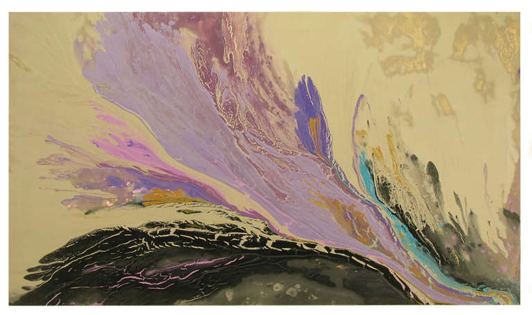 Colorful abstract by artist Christine E. Alfery. Nearly seven feet long by four feet tall unframed canvas. The artist reportedly used six gallons of paint to create this flowing piece. Primarily tans and black with lavender and violet, turquoise and