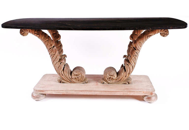 Carved and White Washed, Plume Based Console in the Manner of Grosfeld House