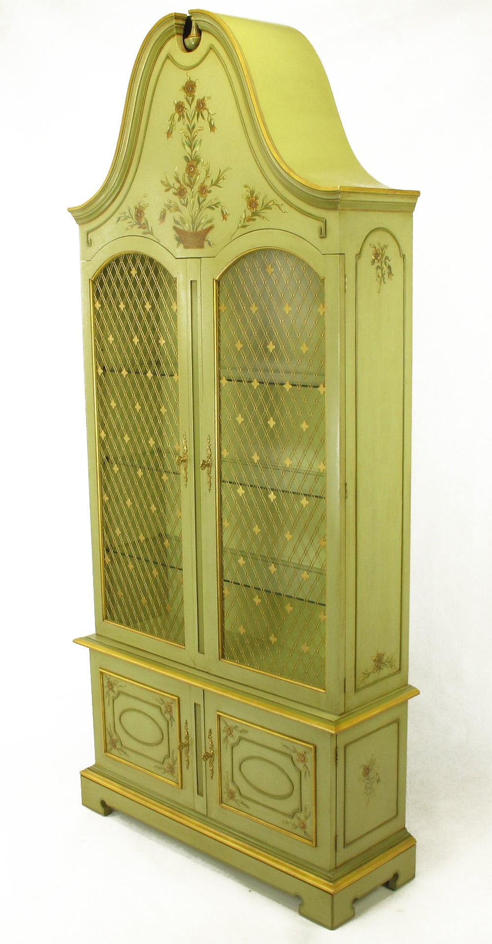 American Pair of John Widdicomb Glazed Light Green Tall French Regency Display Cabinets