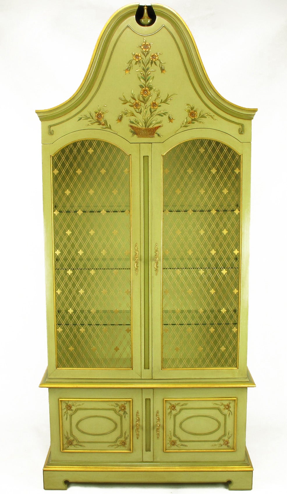 Pair of John Widdicomb Glazed Light Green Tall French Regency Display Cabinets In Excellent Condition In Chicago, IL