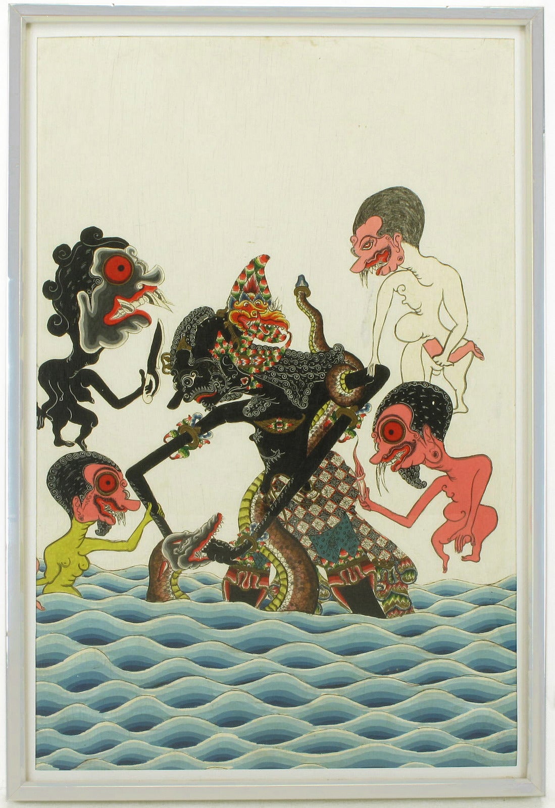 Acrylic paint and ink on board depicting the Javanese art of Waylan Kulit or Shadow Puppetry. The characters are mythological figures from the Javanese culture. Amazing detail, set in an anodized aluminum gallery style frame. Unsigned, measures 18