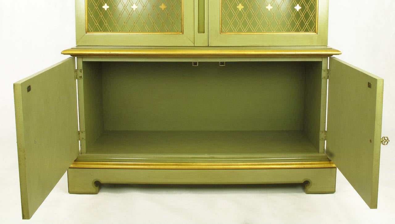 Pair of John Widdicomb Glazed Light Green Tall French Regency Display Cabinets 1