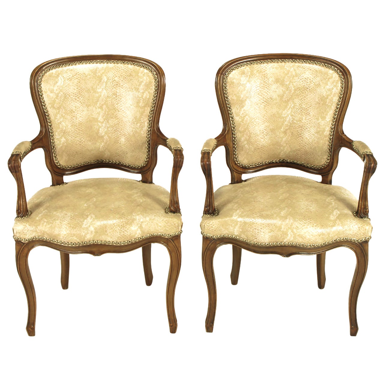 Pair of Walnut Louis XV Style Armchairs in Faux Python For Sale