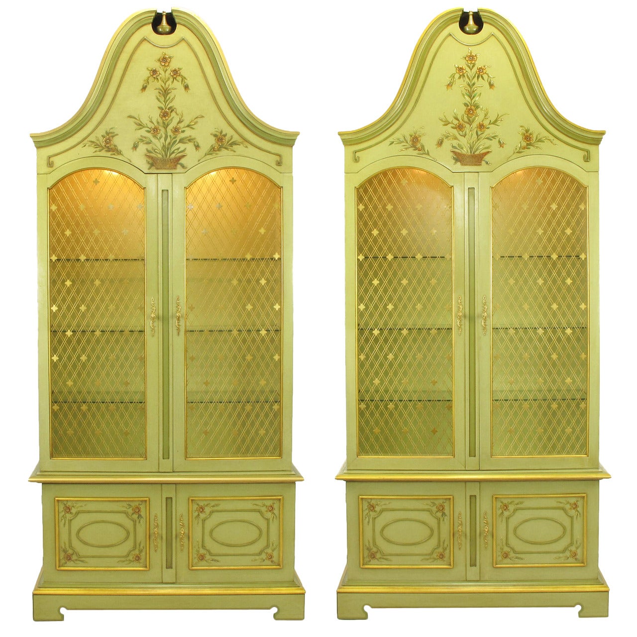 Pair of John Widdicomb Glazed Light Green Tall French Regency Display Cabinets