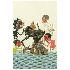 Acrylic and Ink Painting Depicting the Javavnese Art of Waylan Kulit