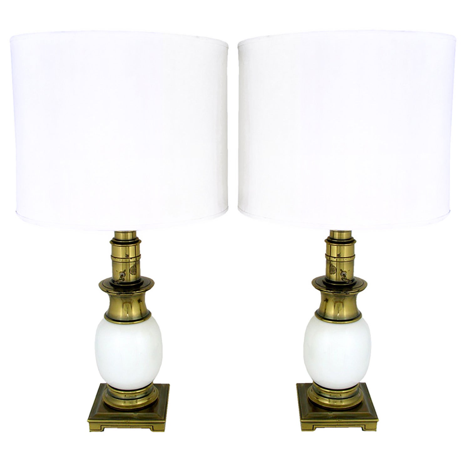 Pair of Stiffel Ostrich Egg and Antique Brass Table Lamps