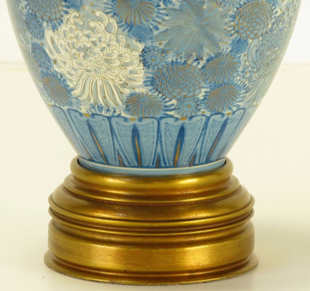 Porcelain Marbro Hand Painted Blue & White Chrysanthemum Table Lamp