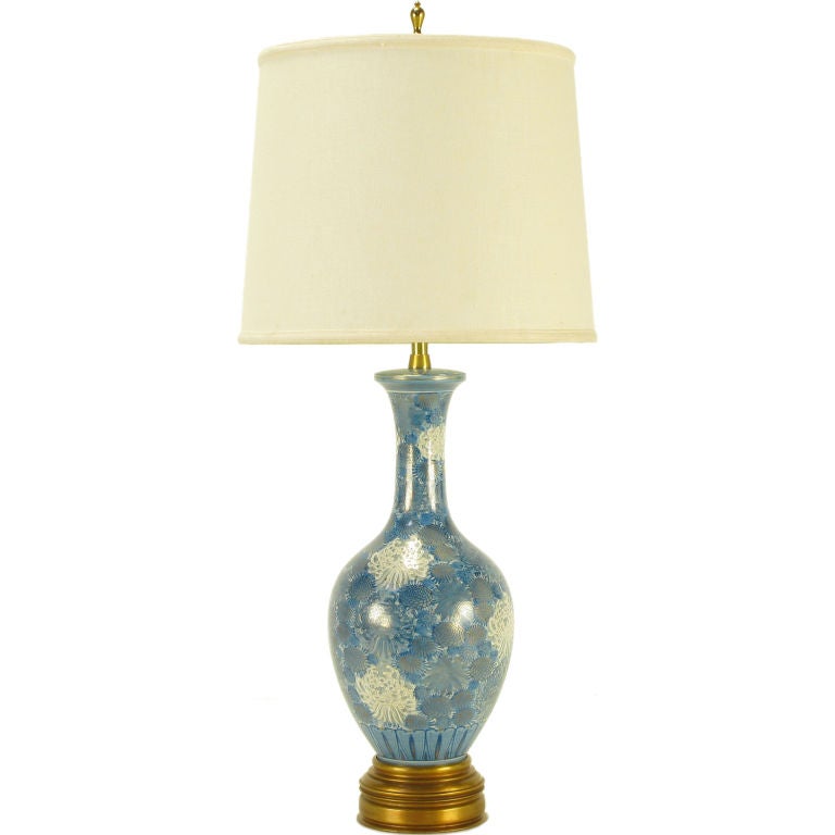 Marbro Hand Painted Blue & White Chrysanthemum Table Lamp