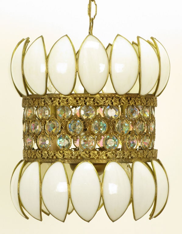 Brass Filigree & White Opalescent Glass  Pendant Light