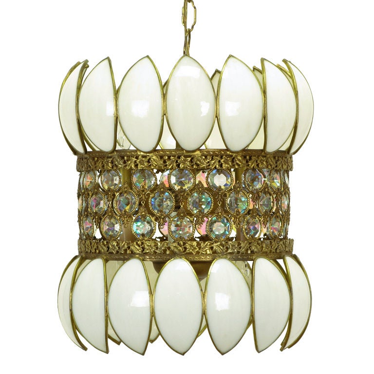 Brass Filigree 
White Opalescent Glass  Pendant Light