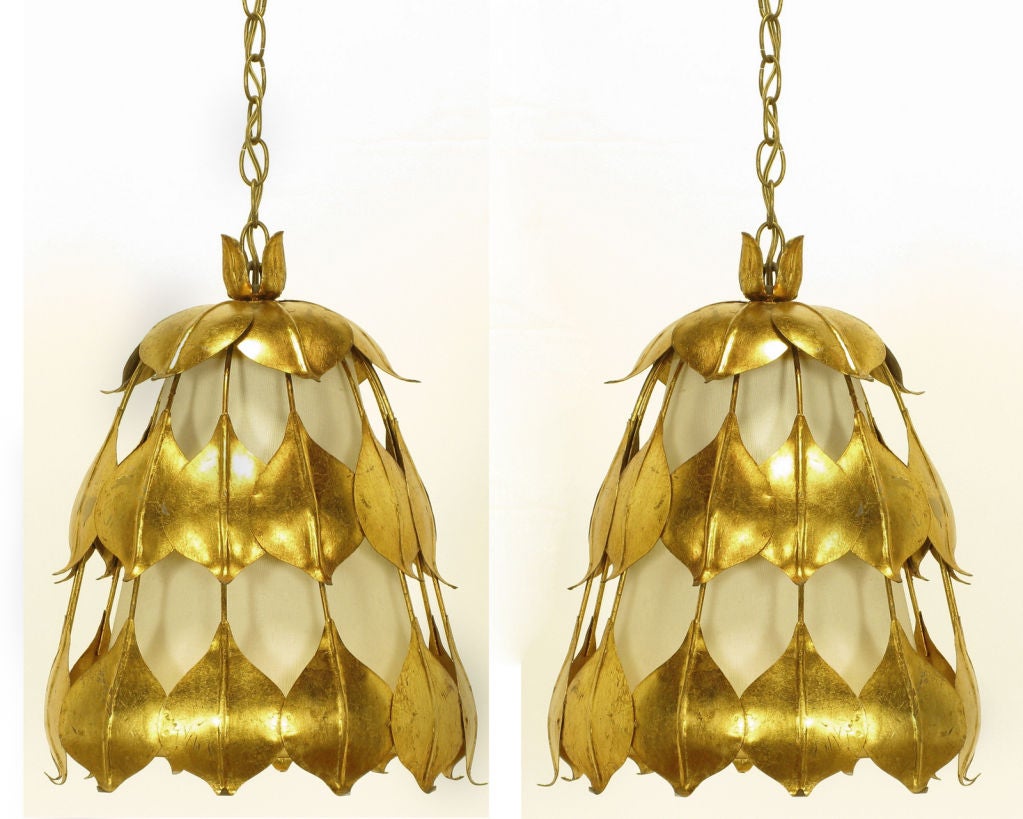 Pair Lotus Form Gilt Tole Pendant Lights