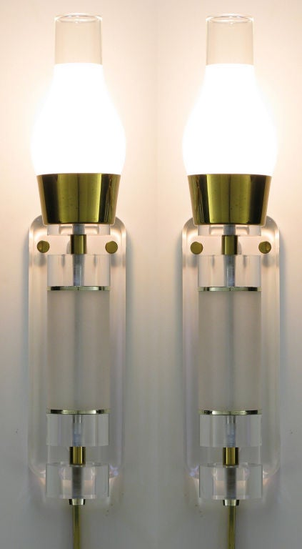 Extraordinary Pair 24" Lucite & Brass Hurricane Wall Lamps