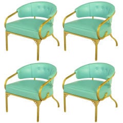 Four John Van Koert Attr. Brass & Turquoise Lounge Chairs