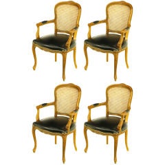 Four Italian Carved Wood & Black Leather Arm Chairs