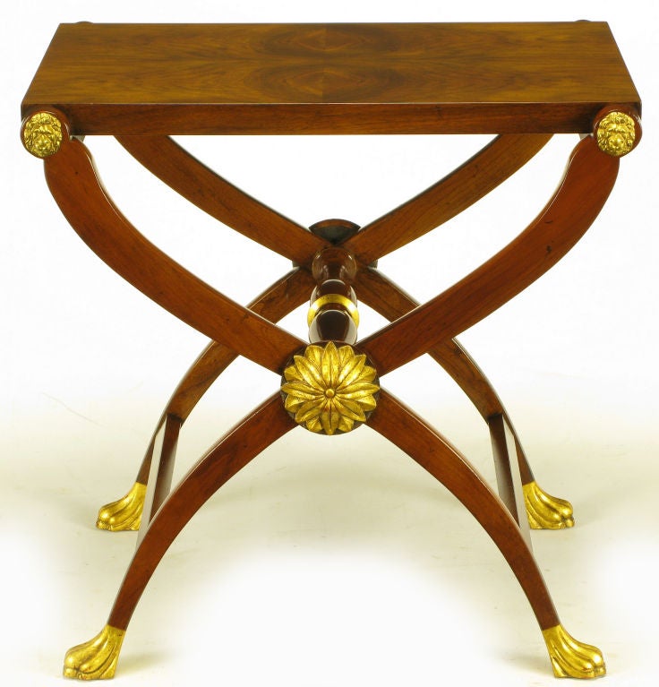 Baker Burled Walnut & Mahogany Empire Style X Based Table