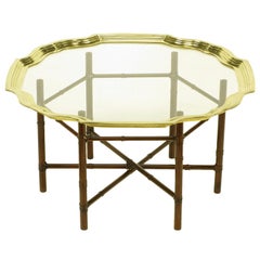 Vintage Iron Bamboo-Form Coffee Table with Brass Rimmed Glass Tray