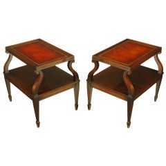 Vintage Pair Weiman Leather & Scrolled Mahogany End Tables