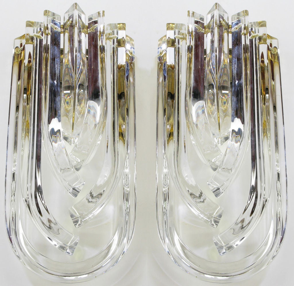 Pair Italian Venini Bent Crystal & Brass Sconces
