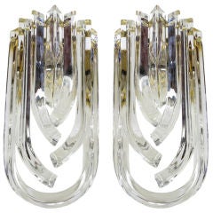 Pair Italian Venini Bent Crystal & Brass Sconces