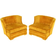 Vintage Pair Gamboge Velvet Low Wingback Lounge Chairs