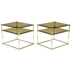 Pair Chrome, Brass, And Smoked Glass End Tables