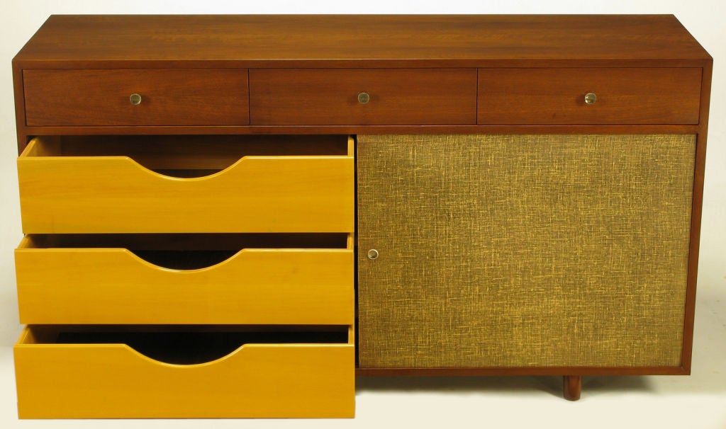 Walnut & Lacquered Linen Sliding Door Nine Drawer Cabinet