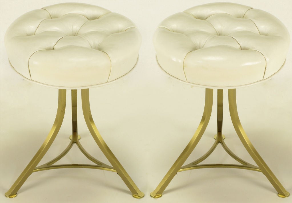 Pair White Leather & Brass Tripod Stools