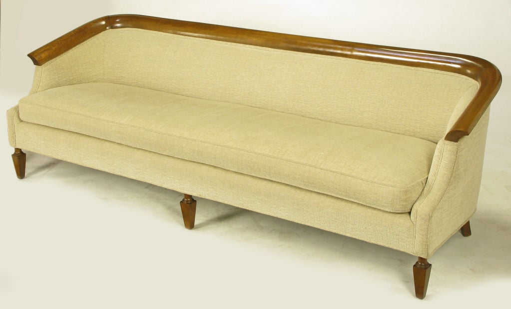 American Empire Revival Walnut & Taupe Boucle' Sofa.