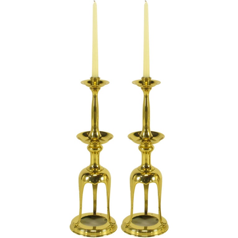 Pair Japanese 21" Tall Brass Open Base Candlesticks
