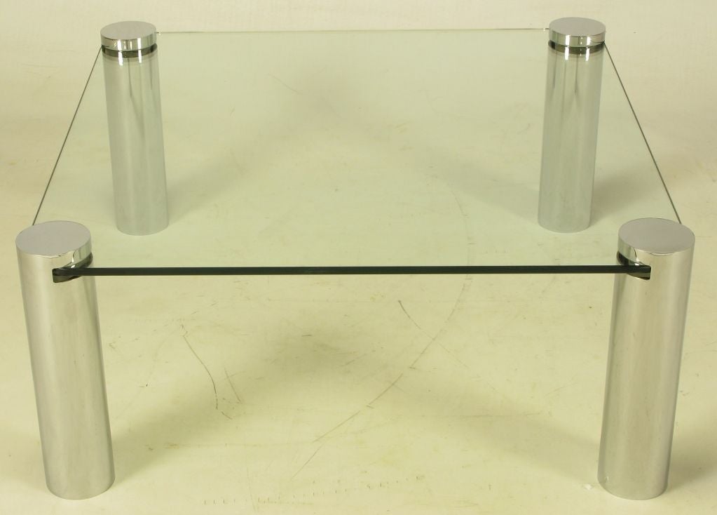 Italian Chrome Cylinder & Glass Square Coffee Table