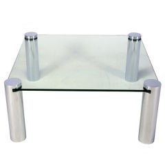 Italian Chrome Cylinder & Glass Square Coffee Table