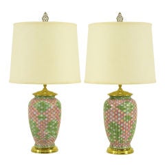 Pair Pink & Green Basketweave Ceramic Table Lamps