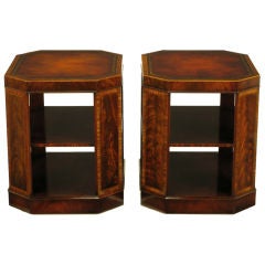 Vintage Pair Flame & Ribbon Mahogany Leather-Top  End Tables