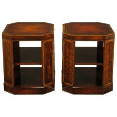 Pair Flame & Ribbon Mahogany Leather-Top End Tables
