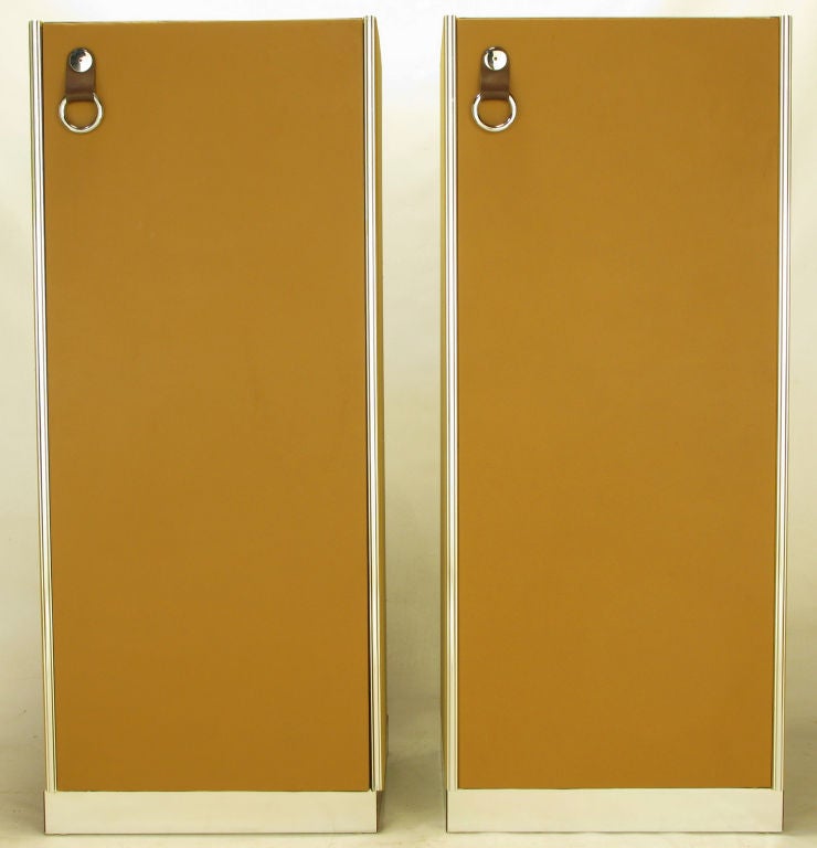 Pair Chrome& Leather Front Tall Cabinets With Interior Drawers