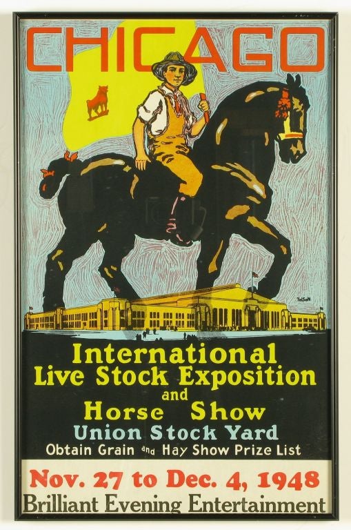 1948 Chicago Live Stock Exhibition Poster in brushed metal frame, by famed midwestern illustrator and decorator, Norman Tolson. Tolson worked for many years as an illustrator and decorator in Chicago IL. His work adorns the walls of the Stevenson
