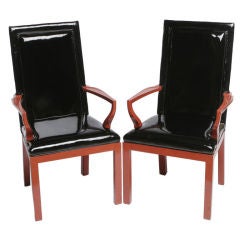 Pair Baker Cinnabar & Black Patent Leather Arm Chairs