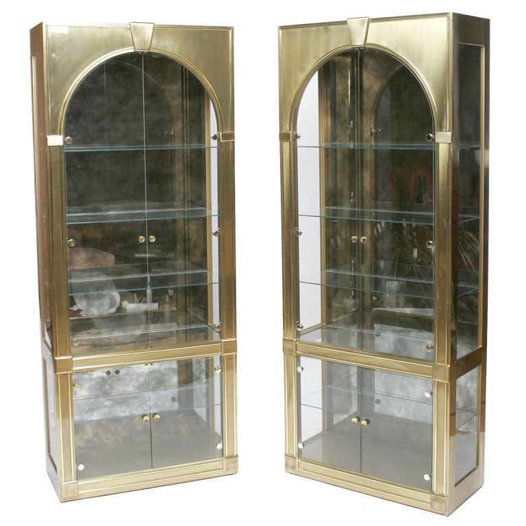 Pair Mastercraft Arched Brass 
Glass Vitrines