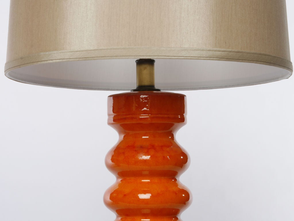 Mid-20th Century Pair Tangerine Drip Glaze Ceramic & Brass Table Lamps