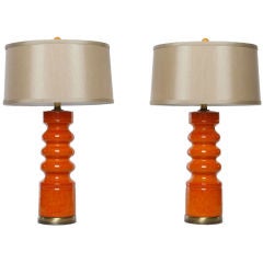 Pair Tangerine Drip Glaze Ceramic & Brass Table Lamps