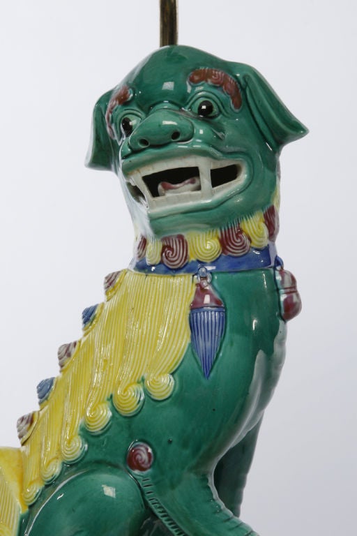 Mid-20th Century Pair Polychrome Porcelain Foo Dog Lamps